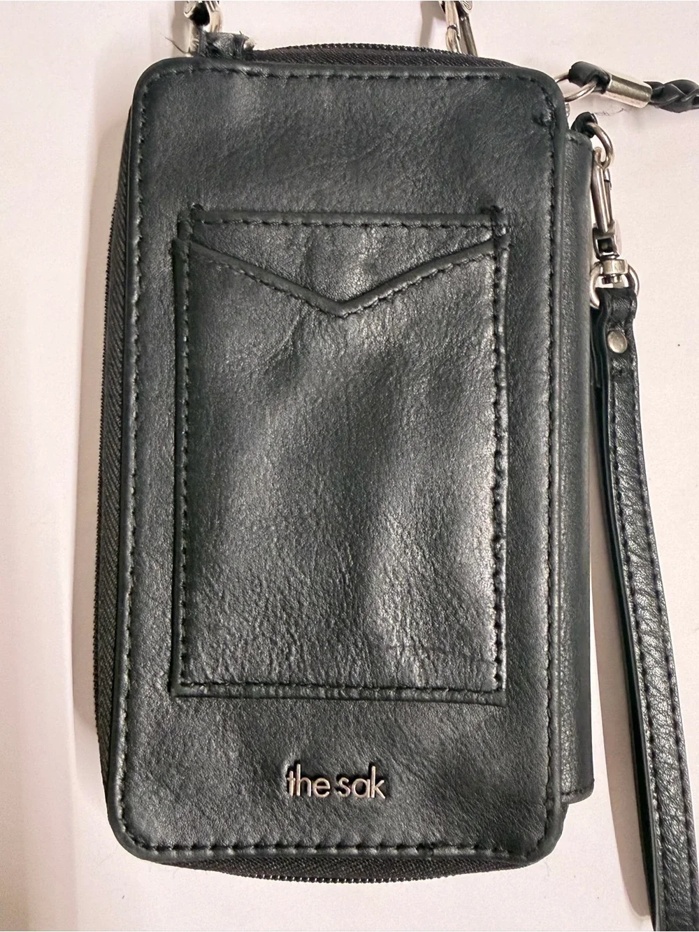 The Sak Black Leather Phone Crossbody Wallet Wristlet Embossed Floral Organizer